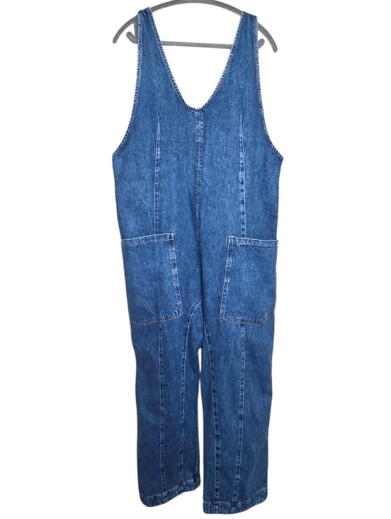 Free People High Roller Jumpsuit Sapphire Blue Slouchy Relaxed Cotton Large NWT - Picture 4 of 13
